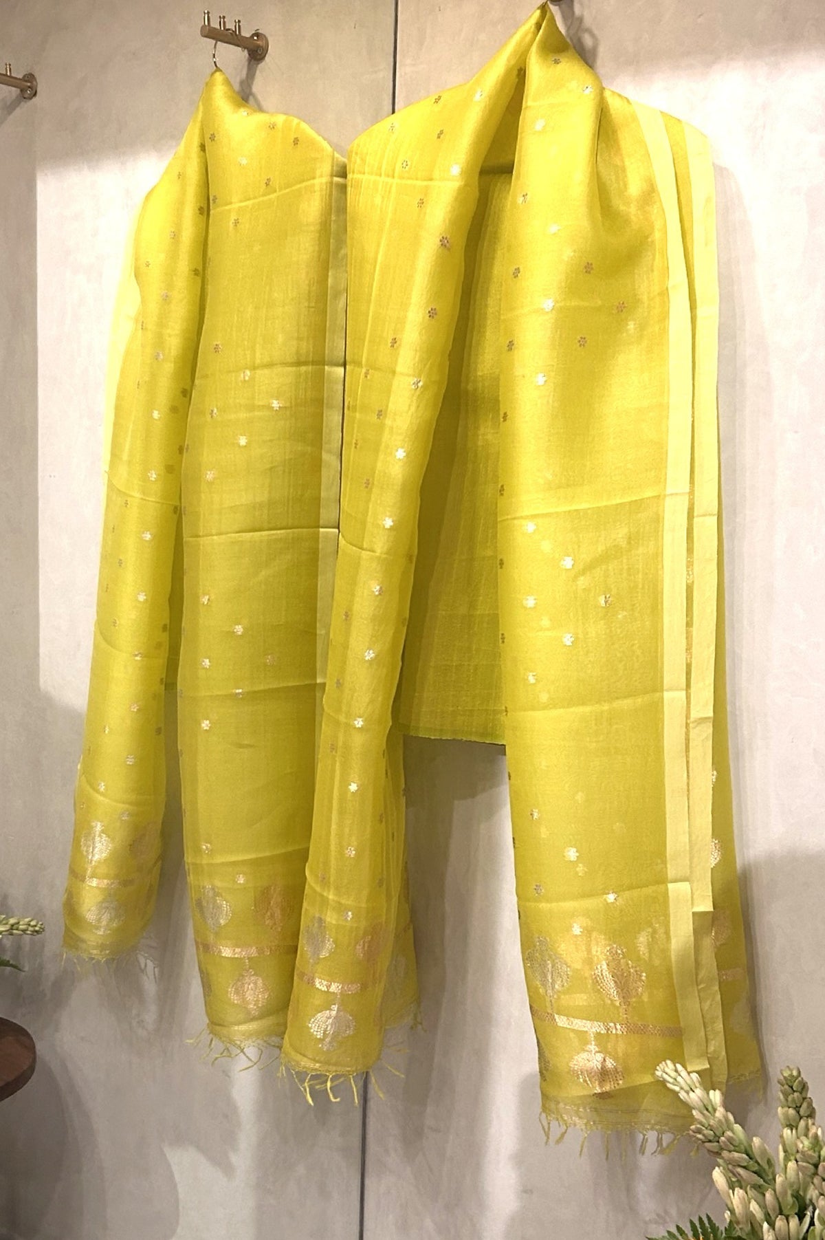 Lime Yellow Raw Silk and Banaras Organza Unstitched Salwar Suit Fabric