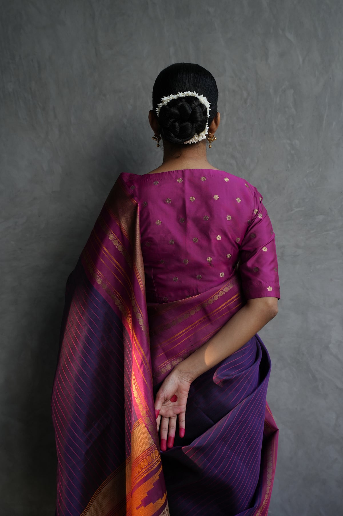 Deep Aubergine Purple Kanjivaram Silk Saree with Magenta Pink Stripes and Contrast Border