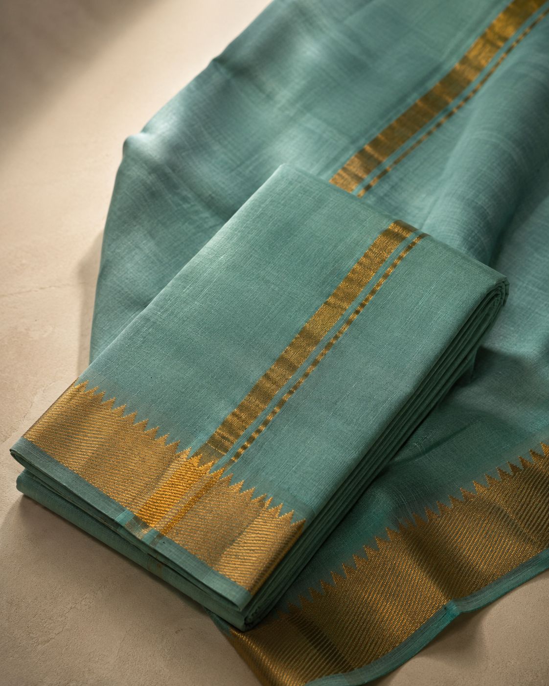 Blue Green Mangalagiri Silk by Cotton Veshti Set with Gold Zari Border