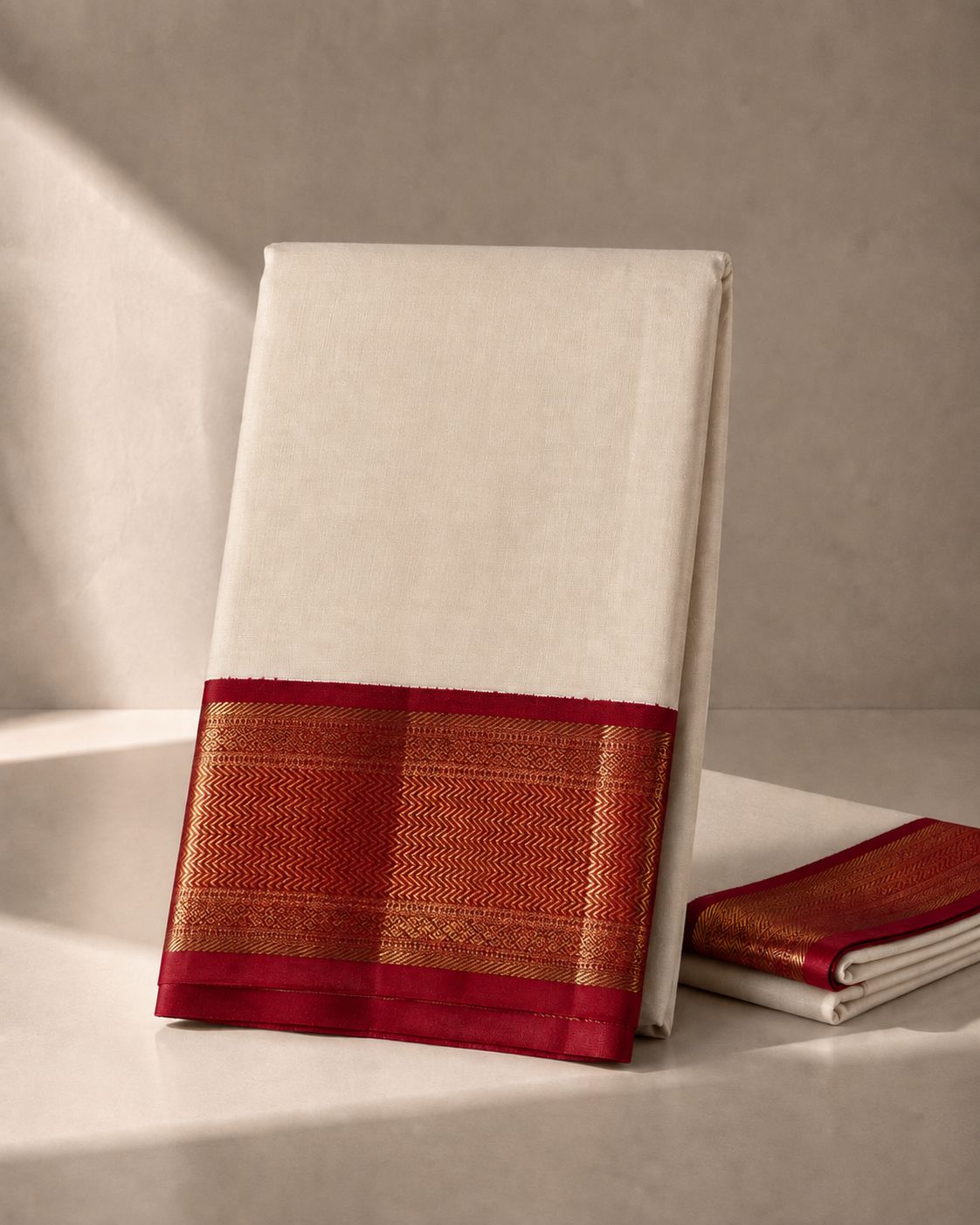 Off White Kanchivaram Silk Veshti in Red Gold Zari with Zigzag Border