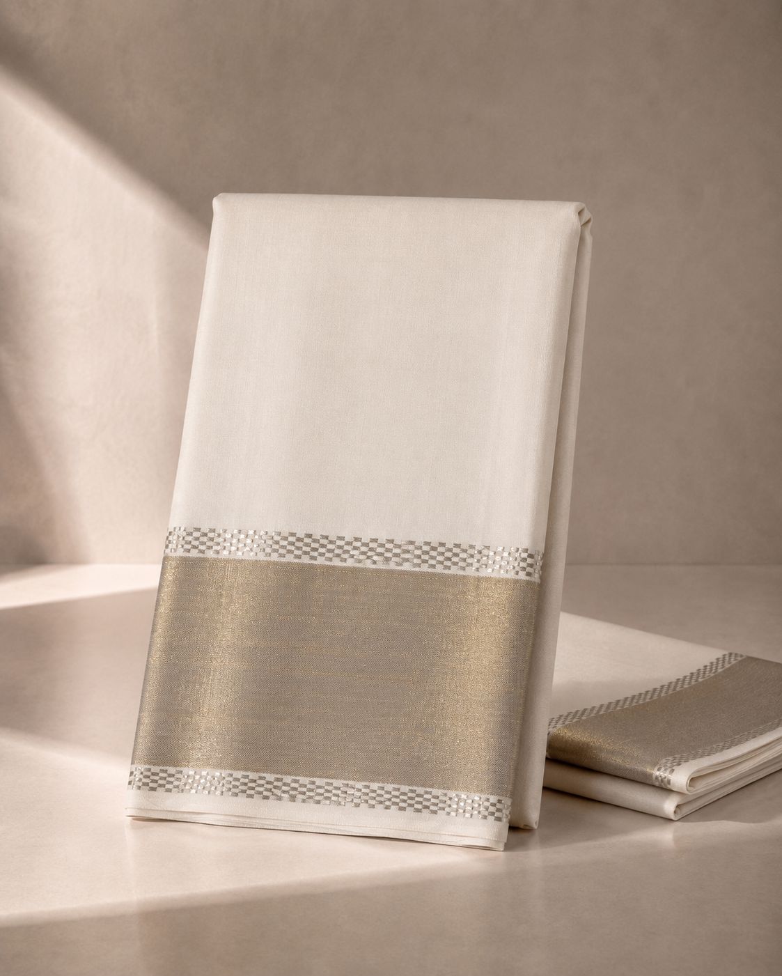 White Kanjivaram Silk Veshti with Silver Zari Border
