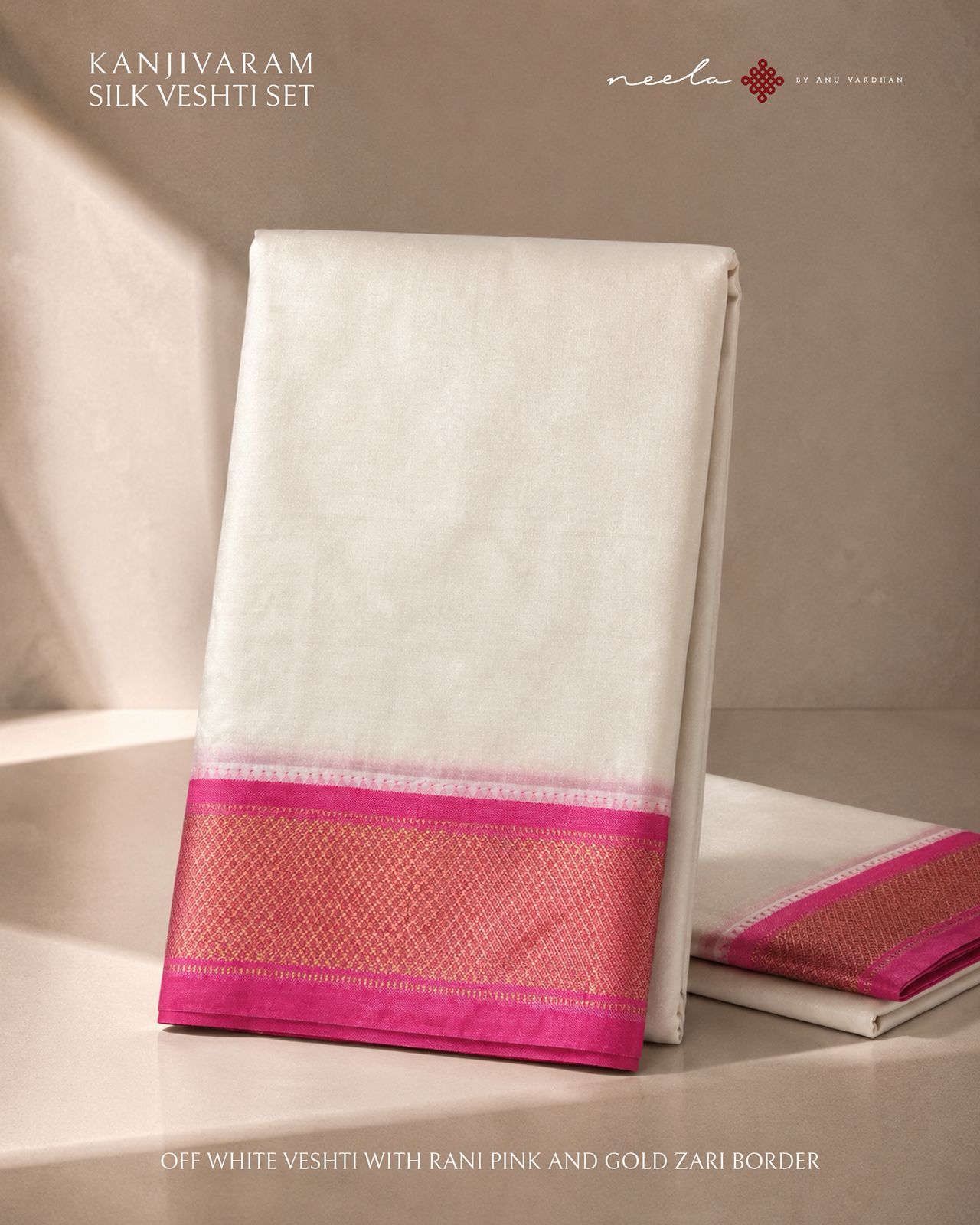 Off White Kanjivaram Silk Vesti with Bright Pink and Gold Zari Border