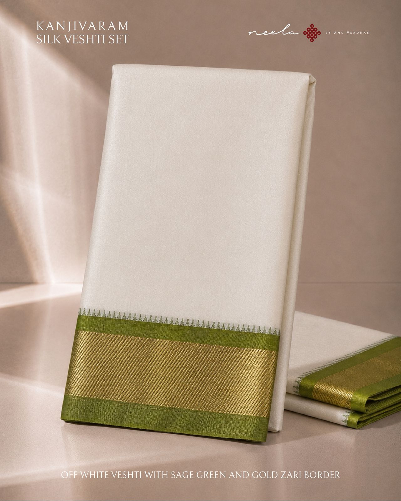 Off White Kanjivaram Silk Vesti with Sage Green and Gold Zari Border