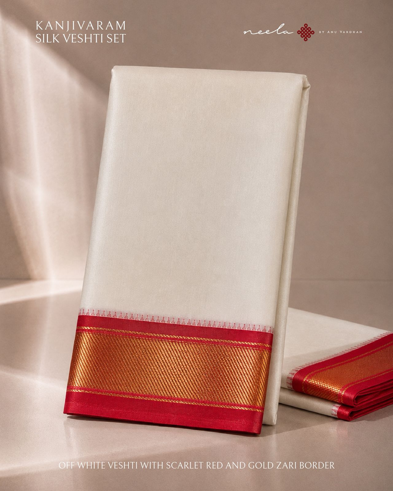 Off White Kanjivaram Silk Vesti with Scarlet Red and Gold Zari Border