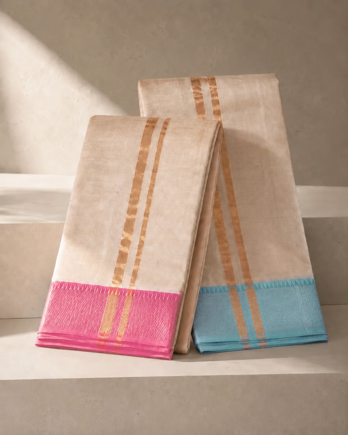 Ivory Mangalagiri Silk Cotton Veshti with Contrast Lotus Pink and Sky Blue border