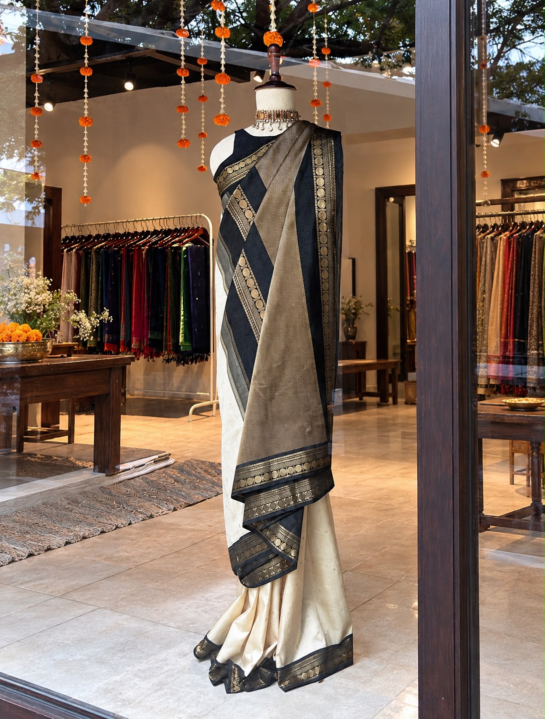 Off-White & Black Kanchipuram Threadwork Saree