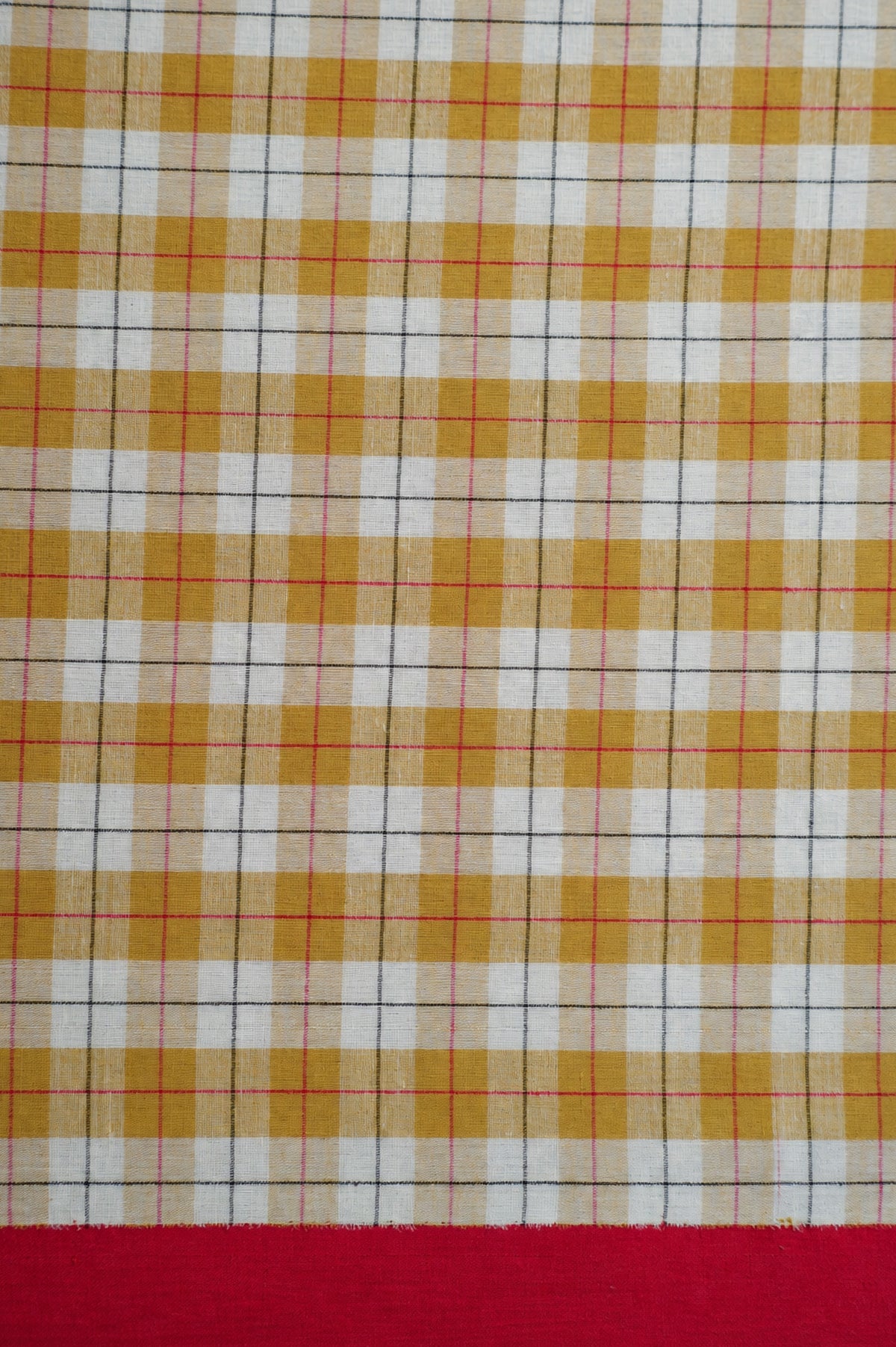 Ivory Checks Cotton with Red Border Saree