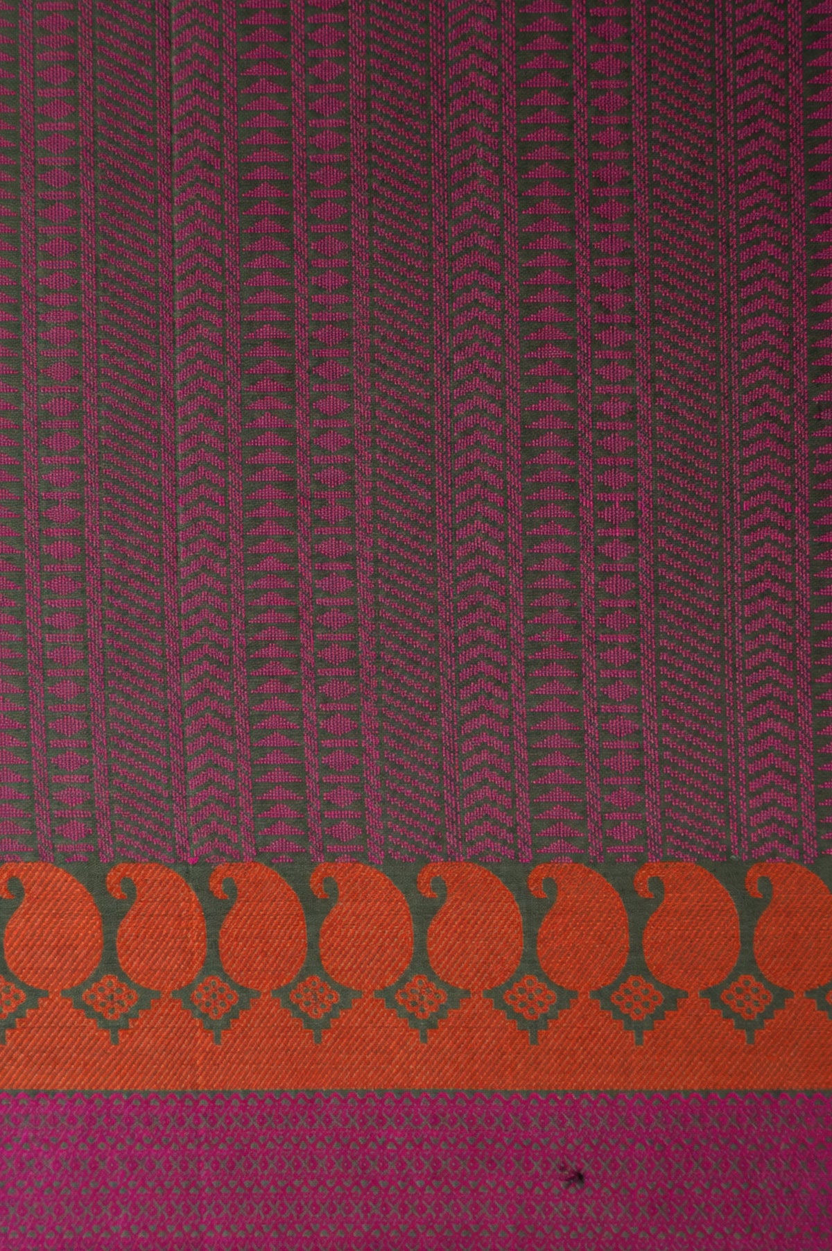 Olive Green Kanjivaram Silk with Orange and Magenta Pink Threadwork Border Saree