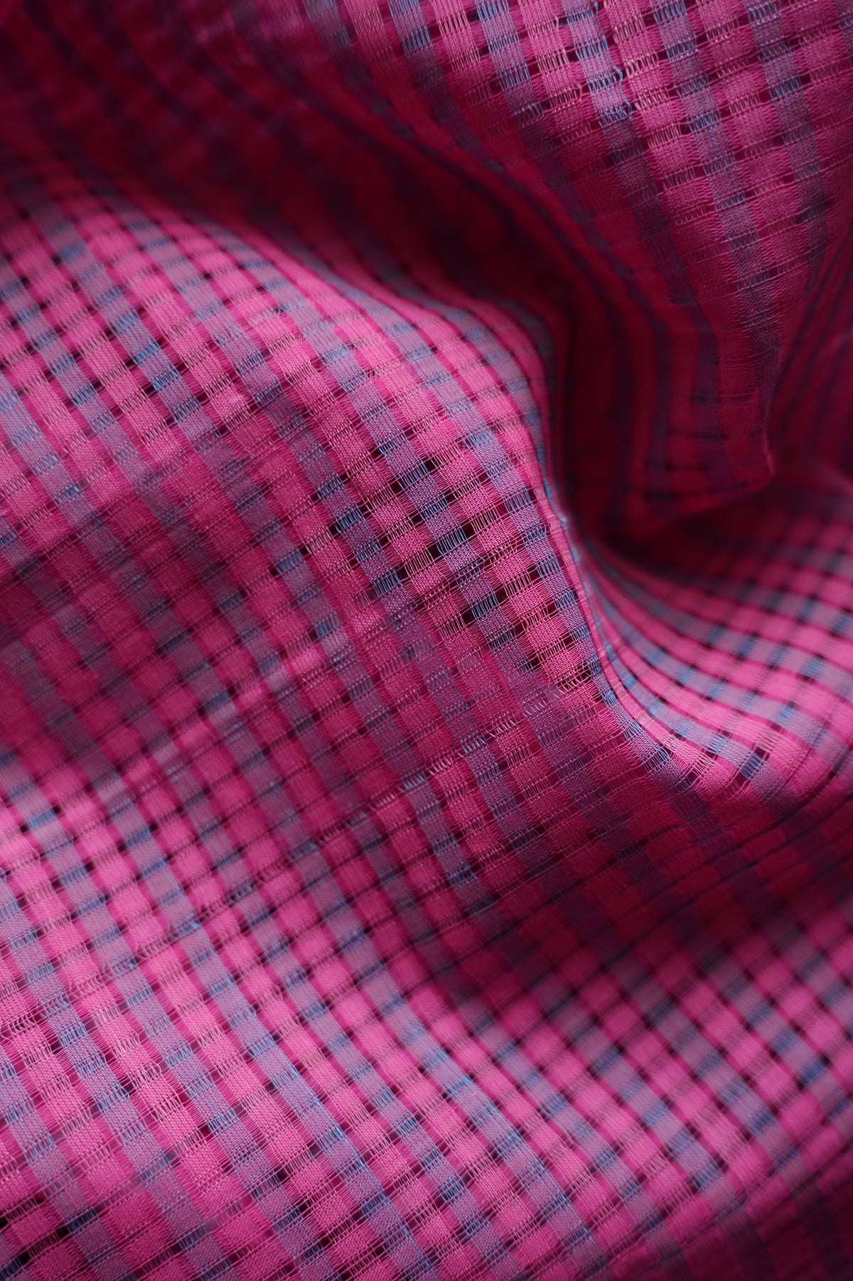 Rani Pink Micro Check Mangalagiri Cotton With Zari and Lavender Border Saree
