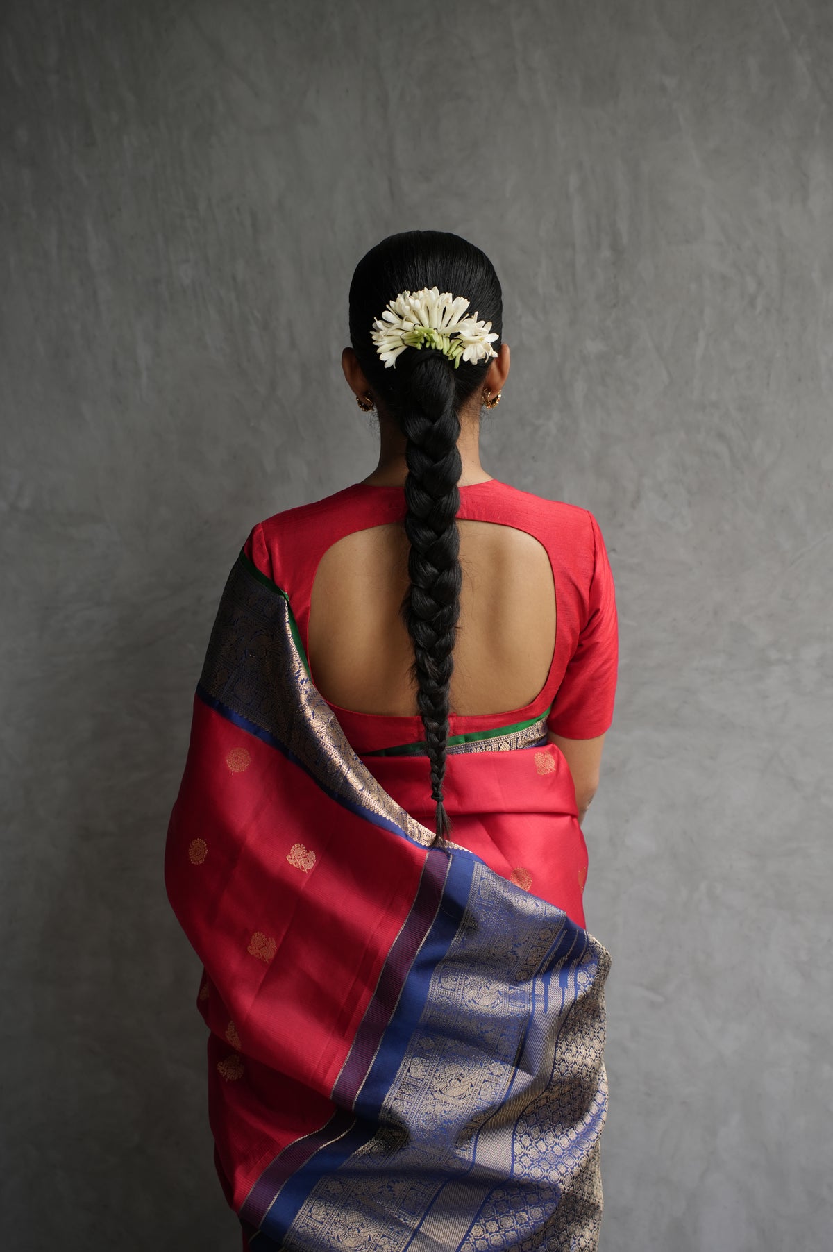Vermilion Red Kanjivaram Silk Saree with Royal Blue and Gold Zari Border