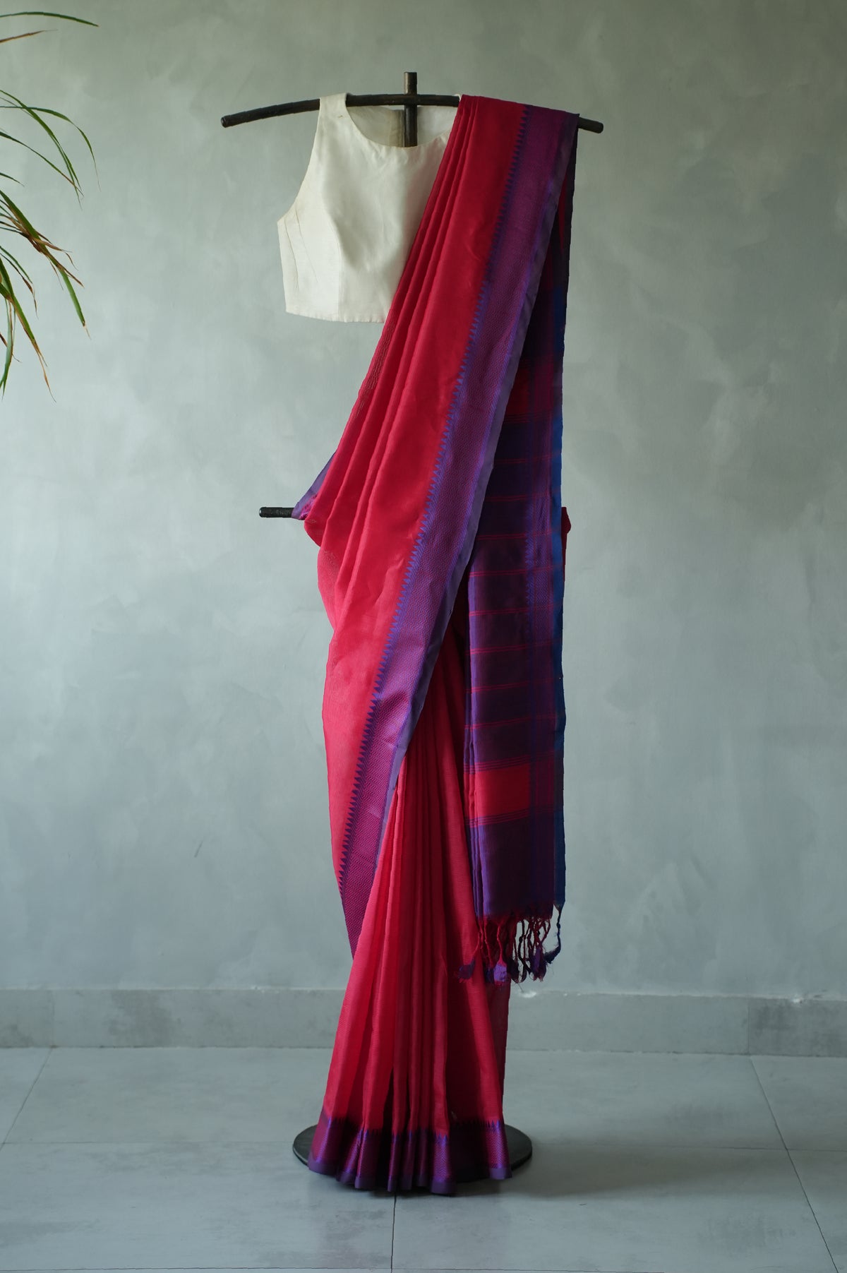 Reddish Pink Mangalagiri Silk Cotton Saree  with Violet thread border