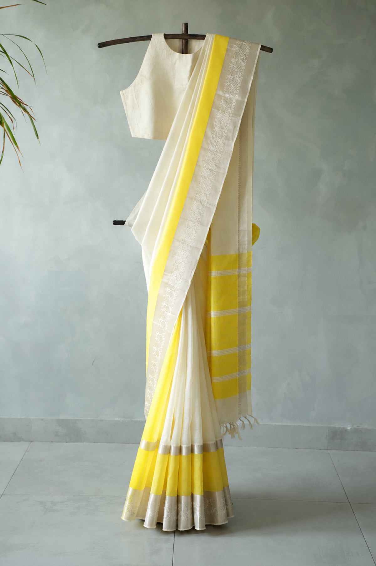 Ivory with Sunshine Yellow & Silver Border Mangalagiri Silk Cotton Saree