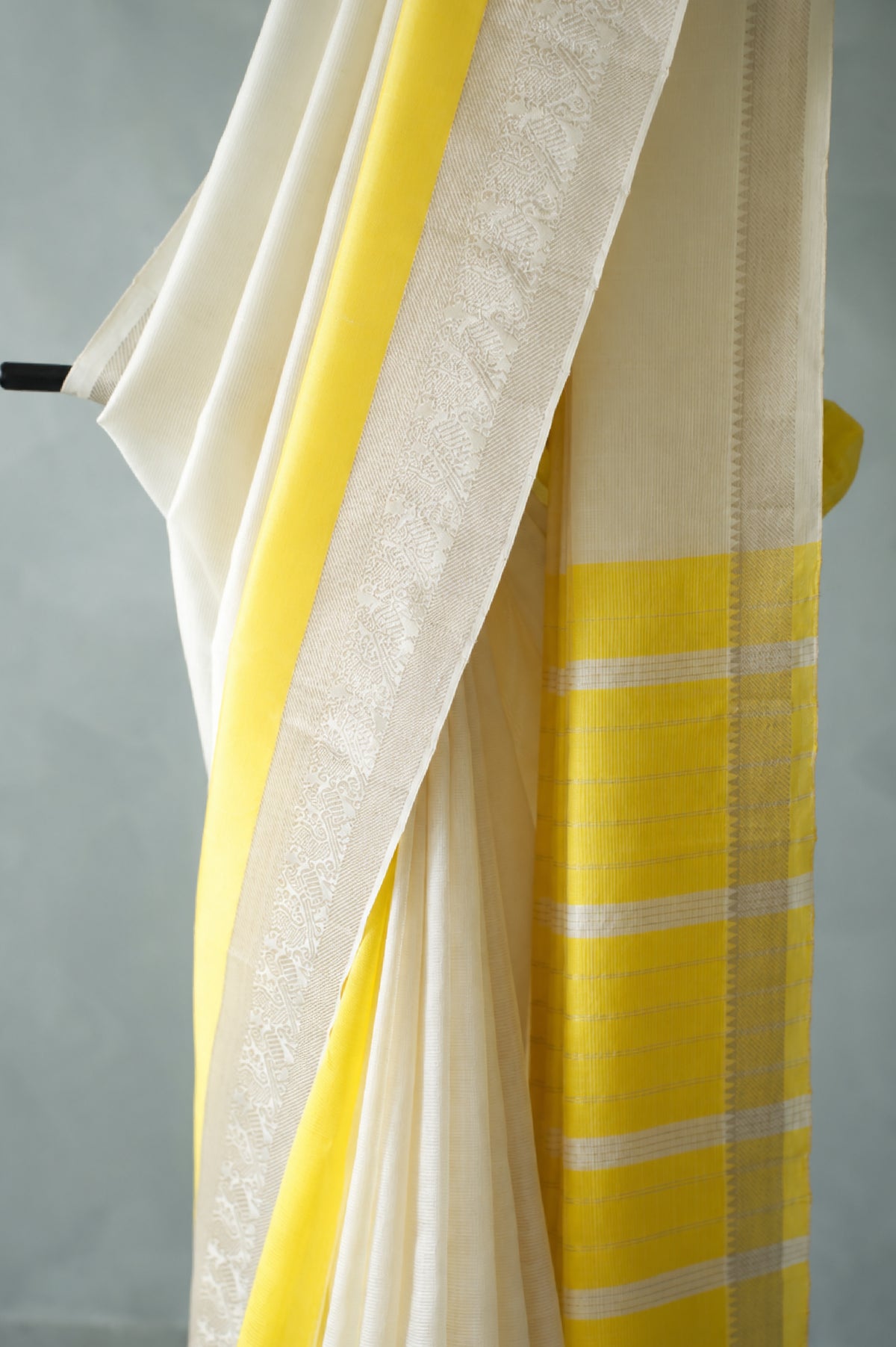 Ivory with Sunshine Yellow & Silver Border Mangalagiri Silk Cotton Saree