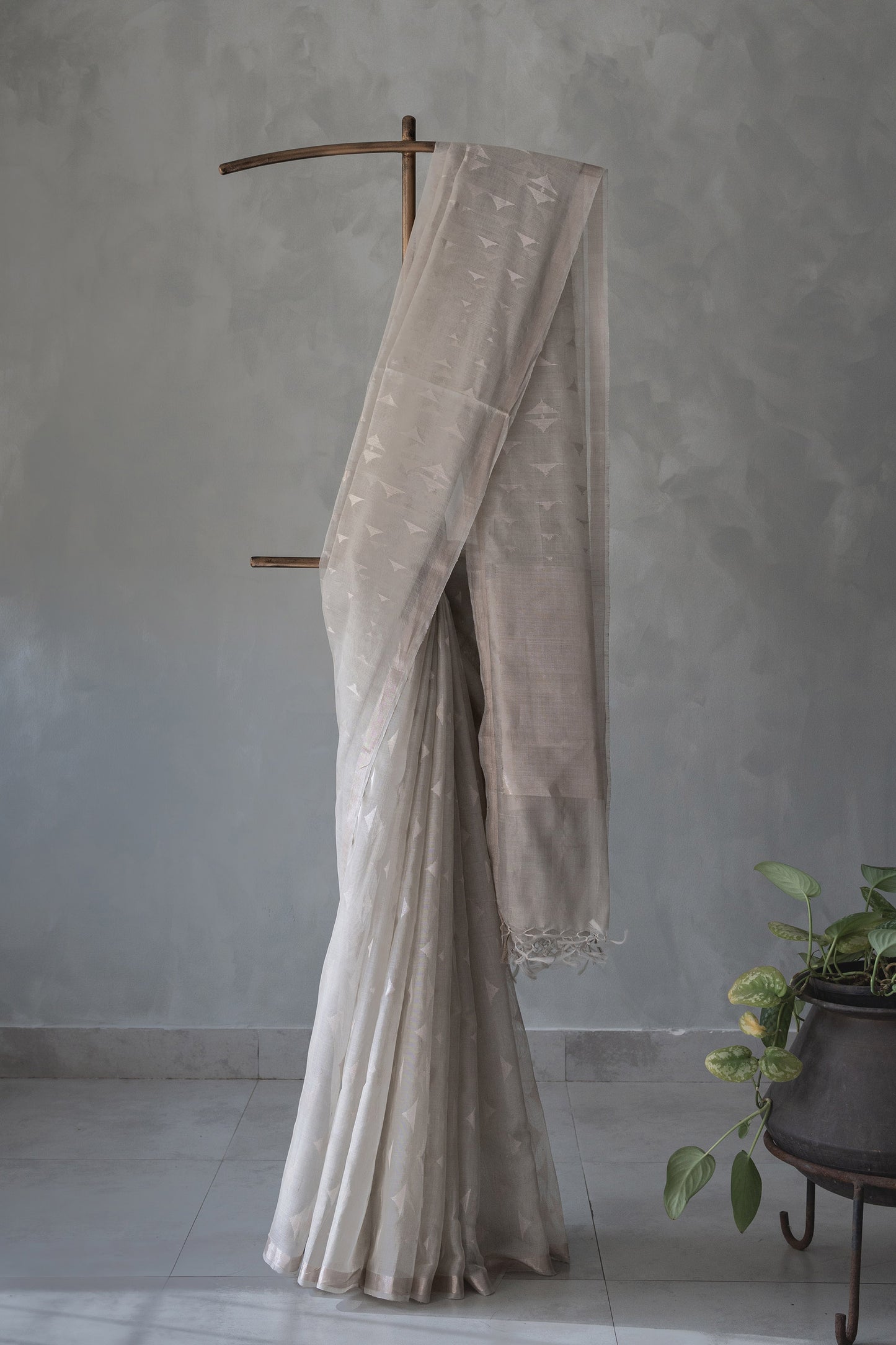 Grey Silk Cotton and All Over Triangle Motif Saree