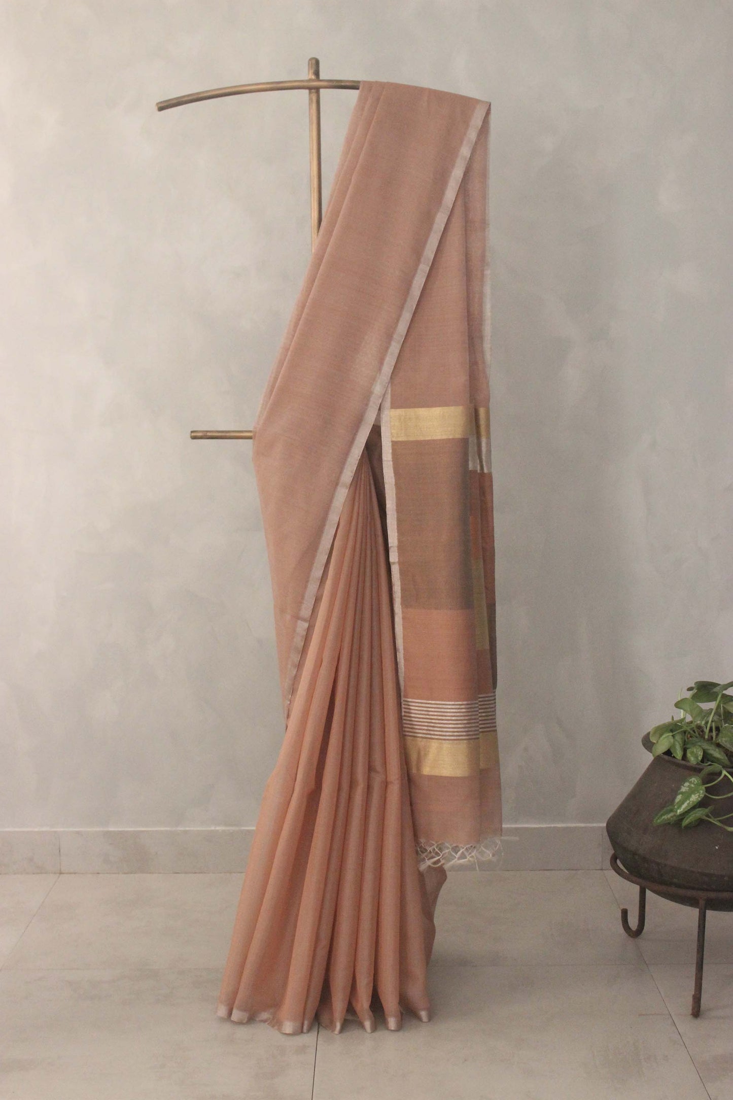 Light Brown silk Khadi Plain with Abstract Pallu Saree