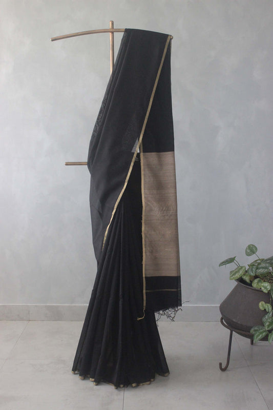 Black Silk Cotton with Large Stripes Pallu Saree