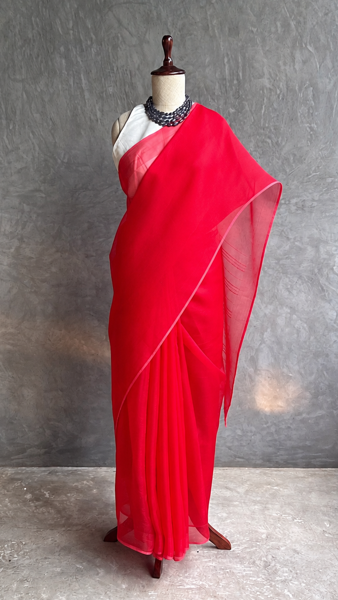 Cherry Red Leno Organza Silk Saree