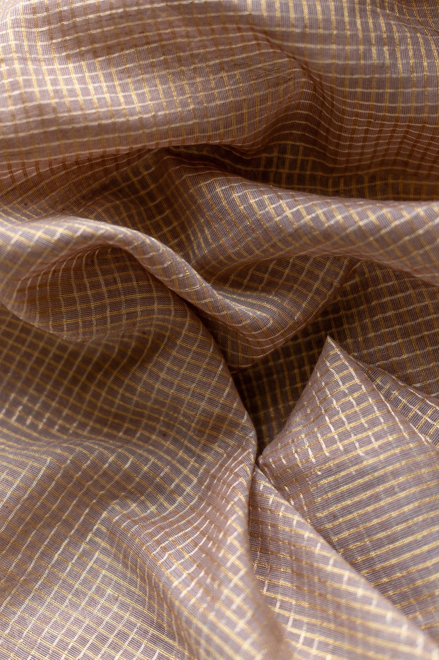 Light Brown Gold Silk Khadi with Zari Checked Border saree