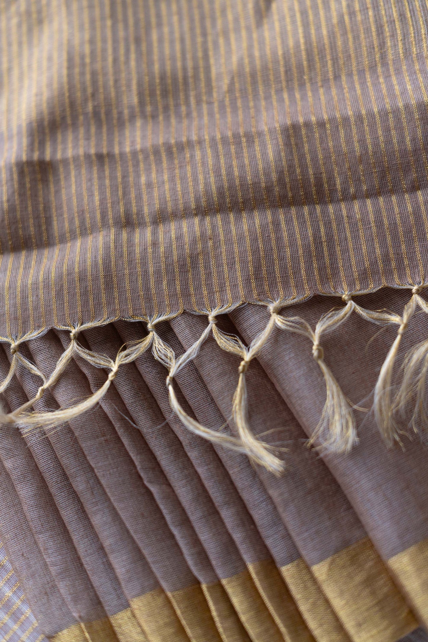 Light Brown Gold Silk Khadi with Zari Checked Border saree