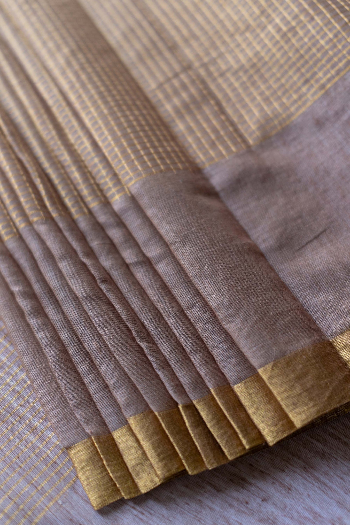 Light Brown Gold Silk Khadi with Zari Checked Border saree