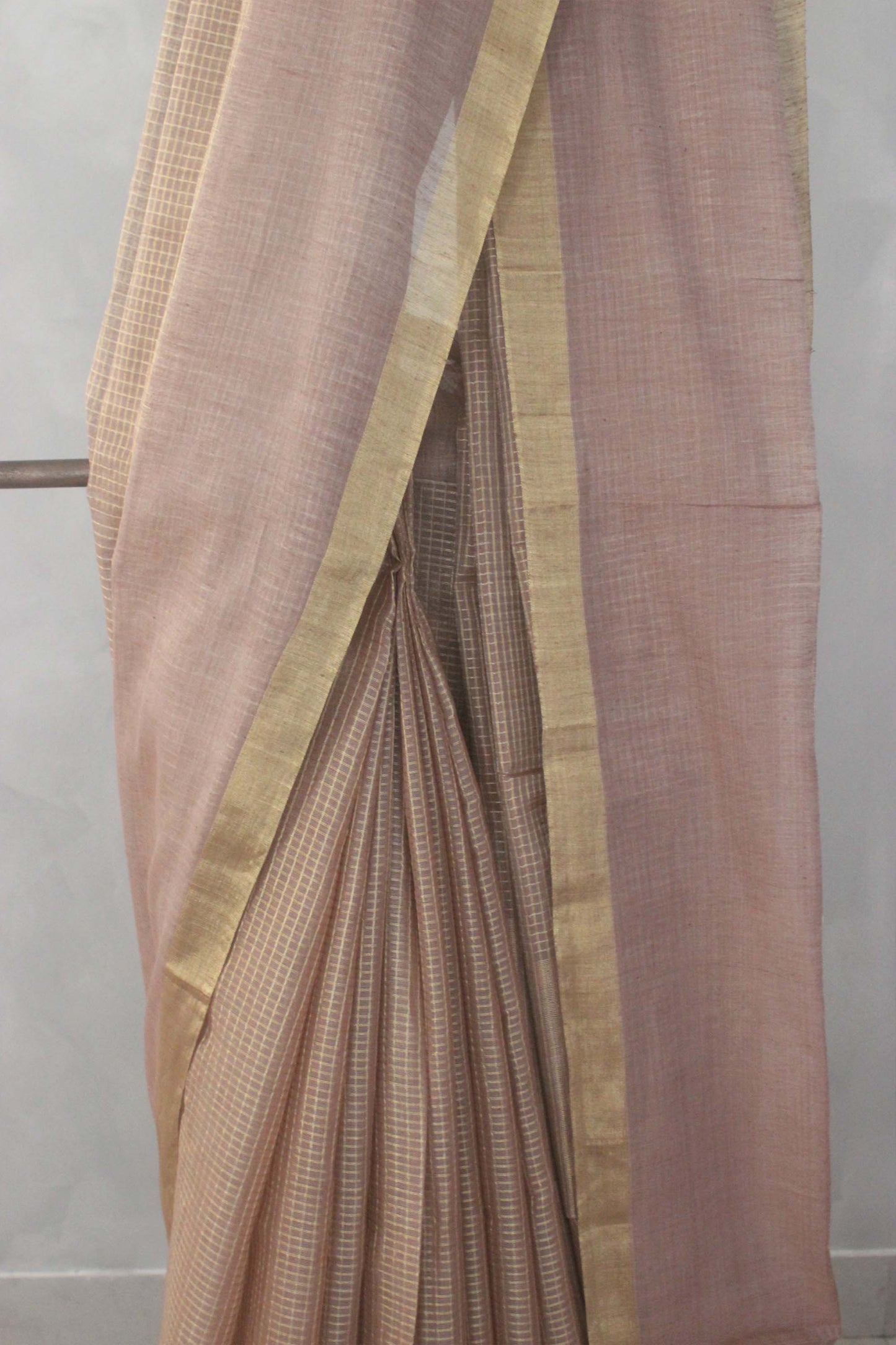 Light Brown Gold Silk Khadi with Zari Checked Border saree