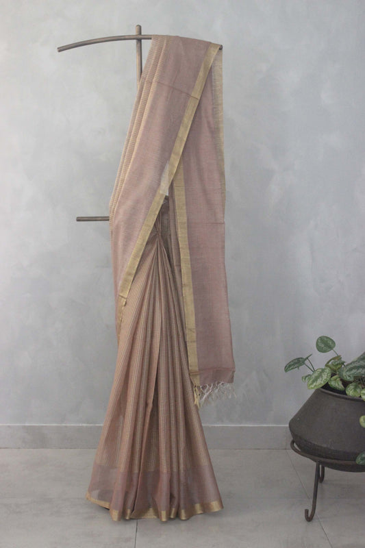 Light Brown Gold Silk Khadi with Zari Checked Border saree