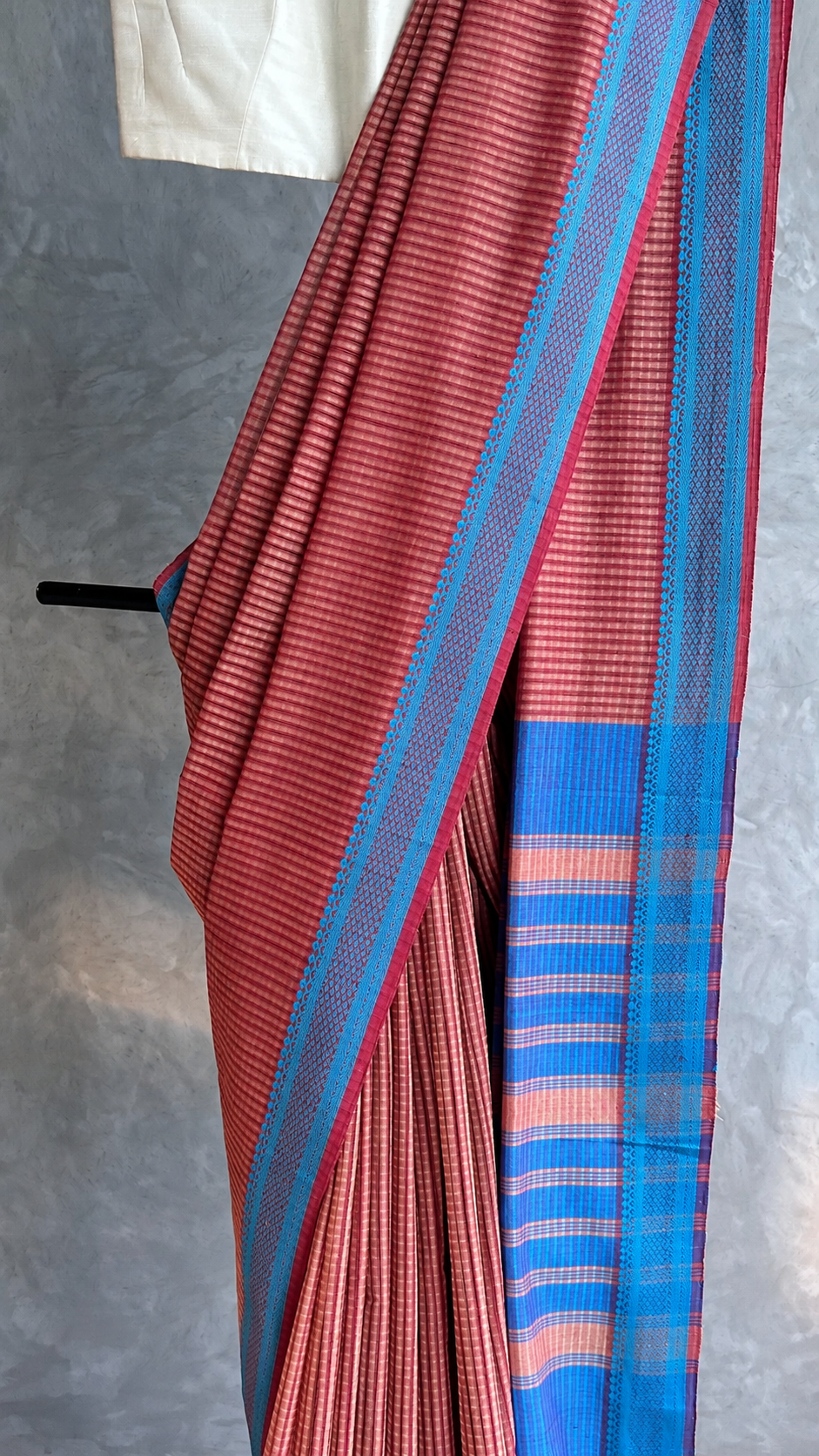 Maroon Micro Check Mangalagiri Cotton with Light Blue Border Saree