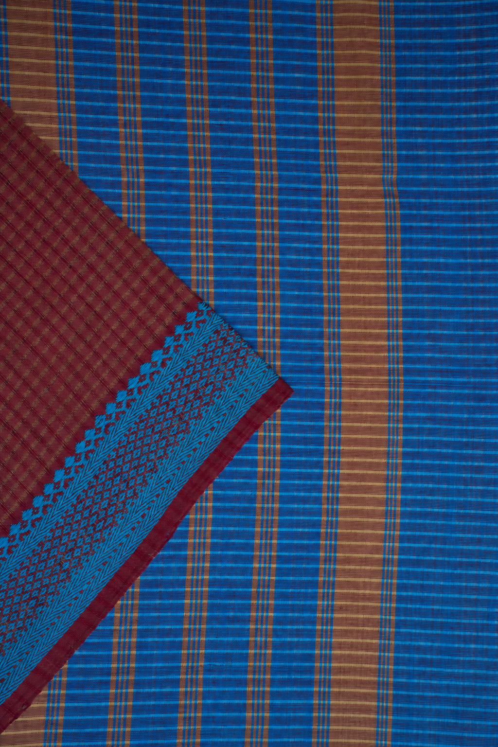 Maroon Micro Check Mangalagiri Cotton with Light Blue Border Saree