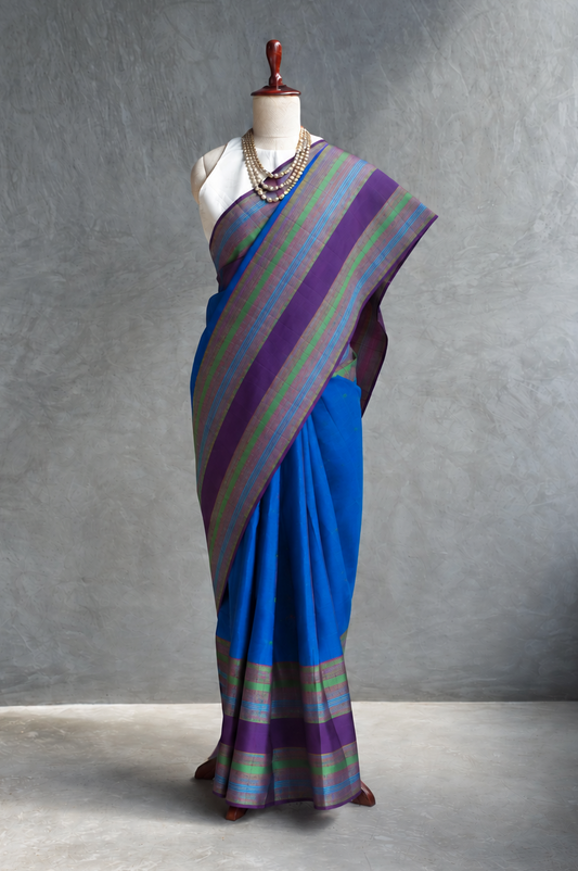 Cobalt Blue Kanjivaram Silk Saree with Multicolour Thread Work Border