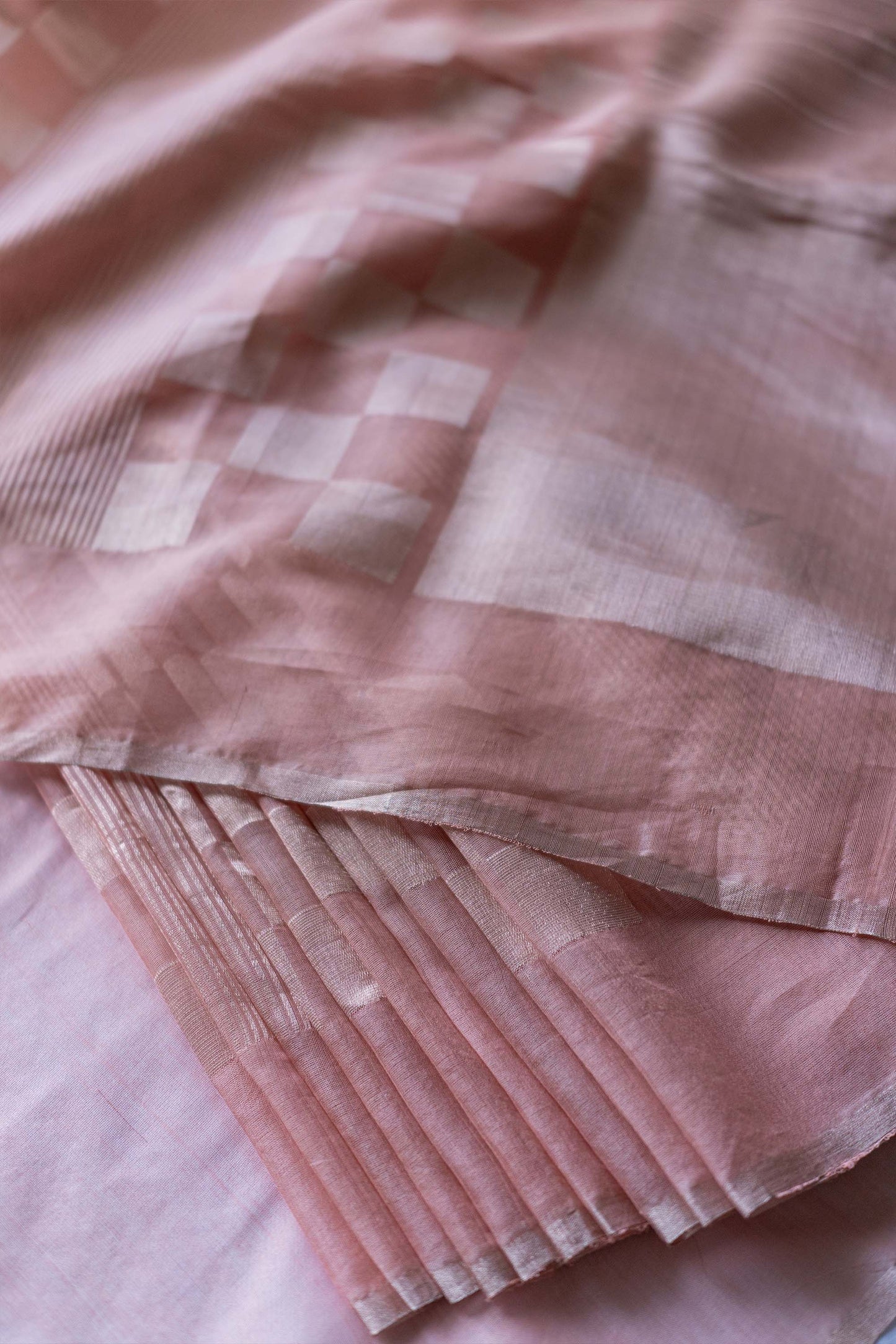 Pink Silk with fine Mercerized Cotton Silver Zari Checks and Striped Saree