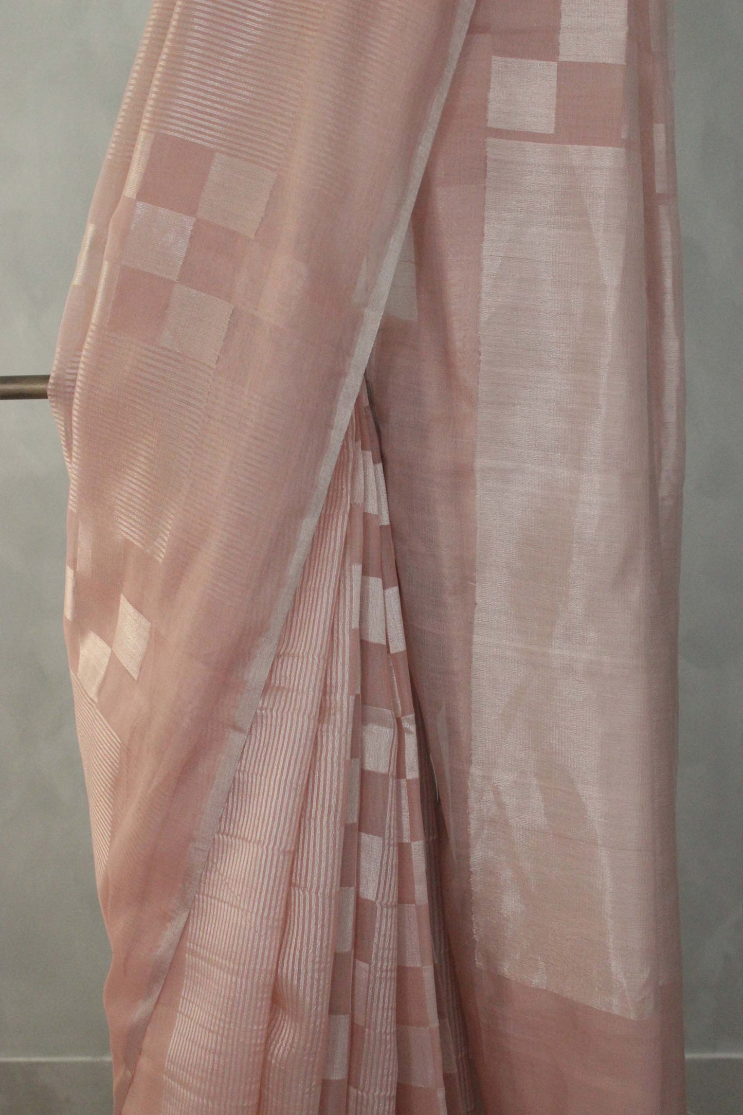 Pink Silk with fine Mercerized Cotton Silver Zari Checks and Striped Saree