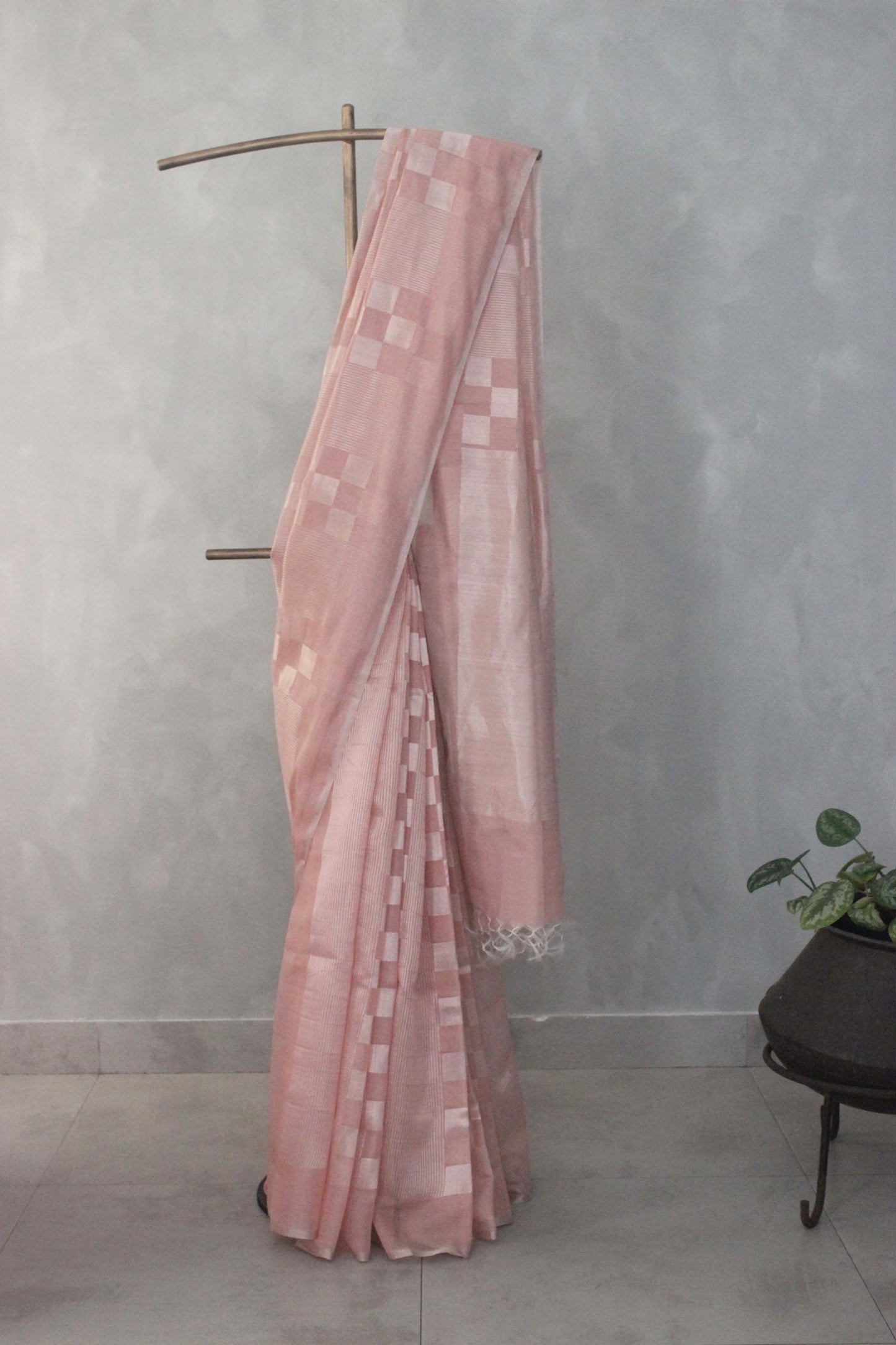 Pink Silk with fine Mercerized Cotton Silver Zari Checks and Striped Saree