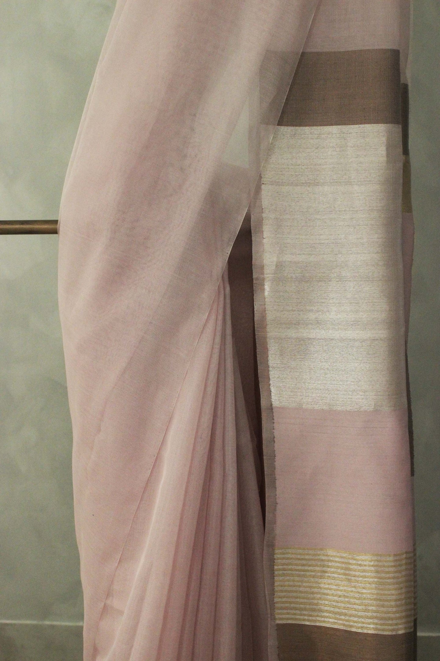 Baby Pink Gold Silk Khadi Saree with Zari Checked border