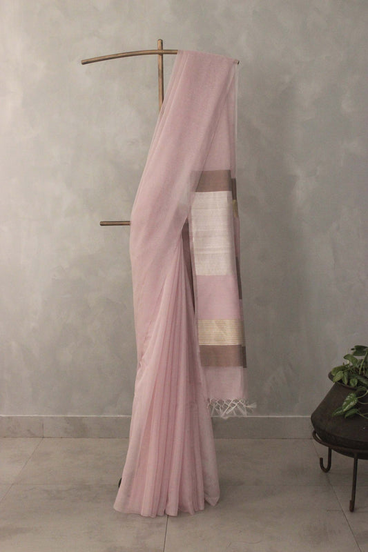 Baby Pink Gold Silk Khadi Saree with Zari Checked border