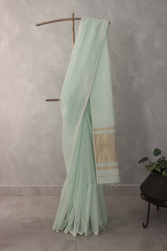 Pista Green Silk Cotton Saree with Zari Pallu