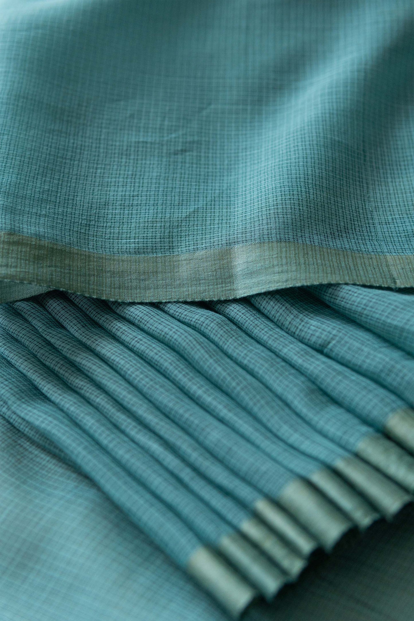 Sea Blue Plain Kuchi Checks Kota Cotton Saree