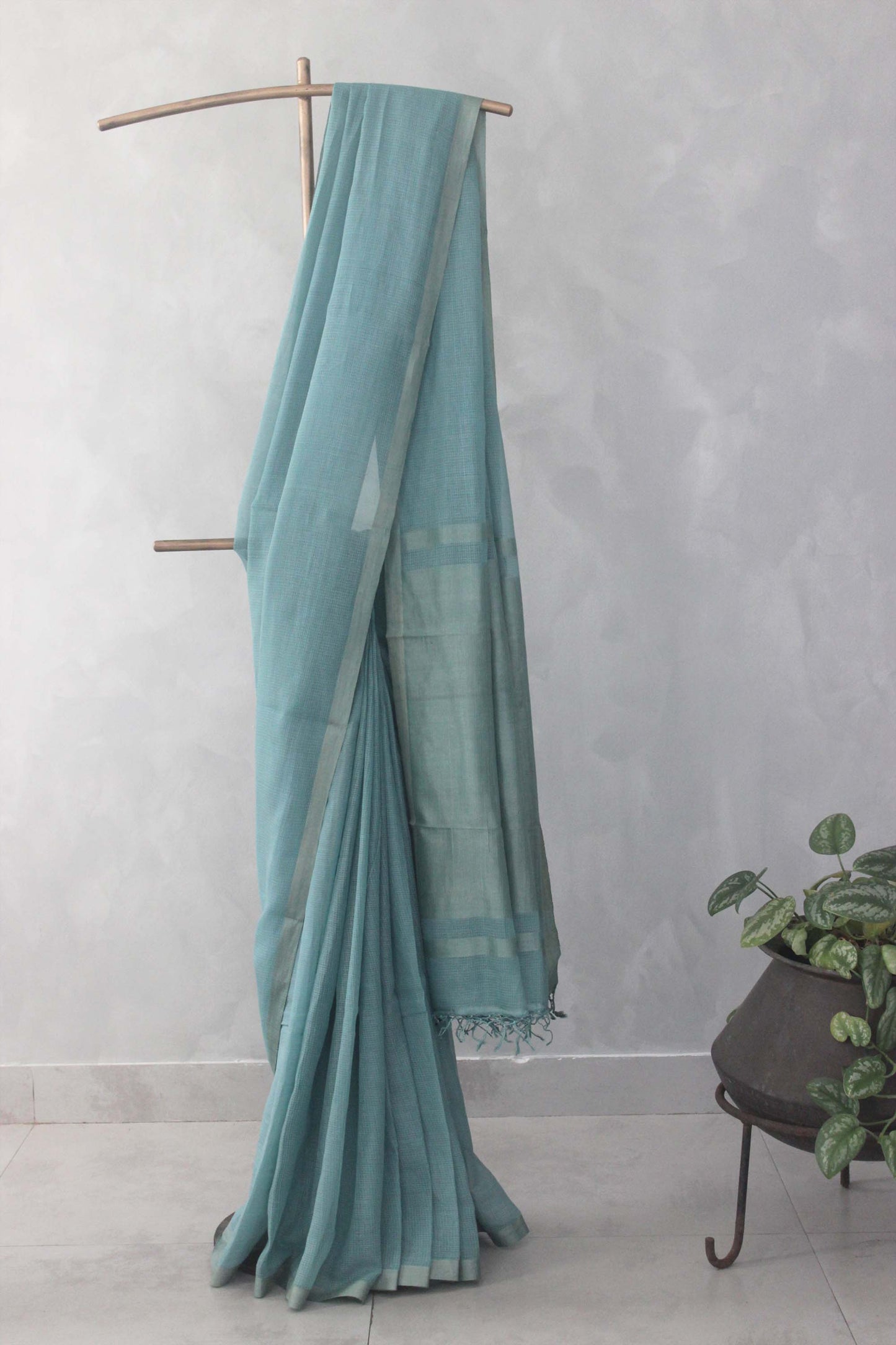 Sea Blue Plain Kuchi Checks Kota Cotton Saree