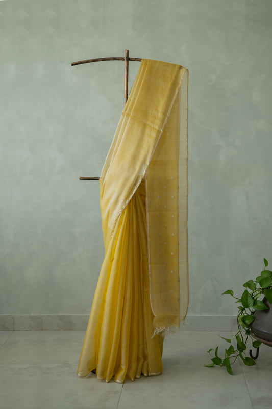 Mustard Yellow Silk Cotton Plain Body with Silver Motif Saree