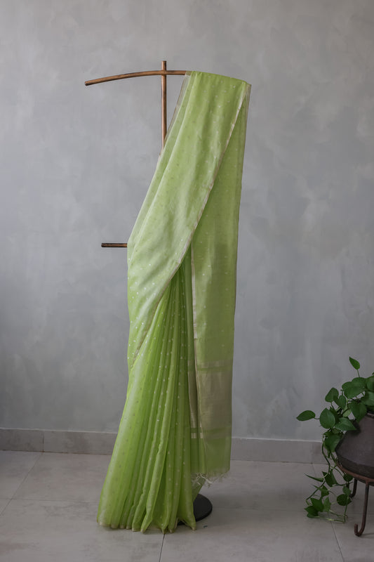 Parrot Green Silk Cotton All Over Raindrop Motif Saree