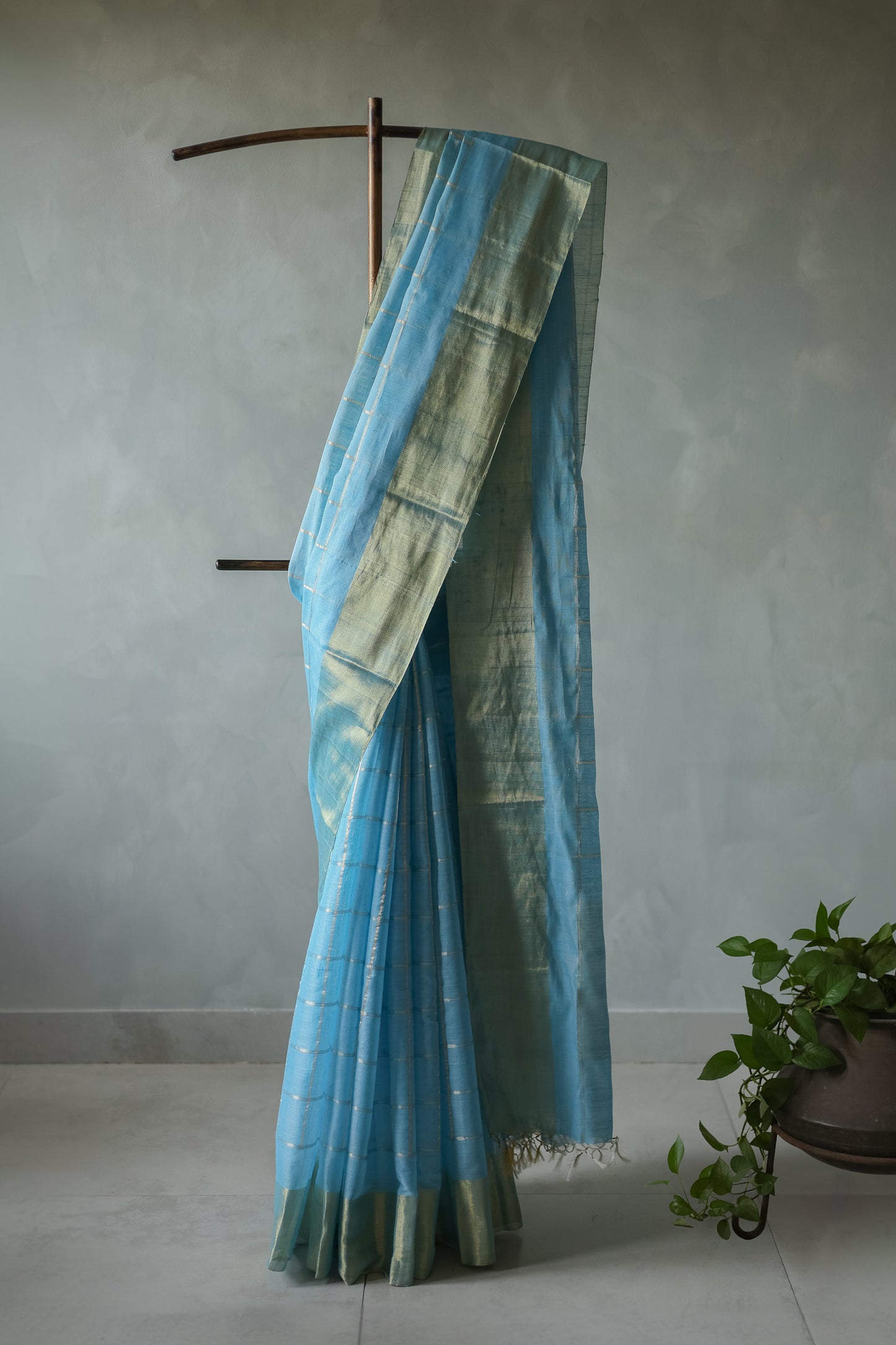 Sky Blue Tussar Khadi All Over Big Zari Checked with Plain Zari Border Saree