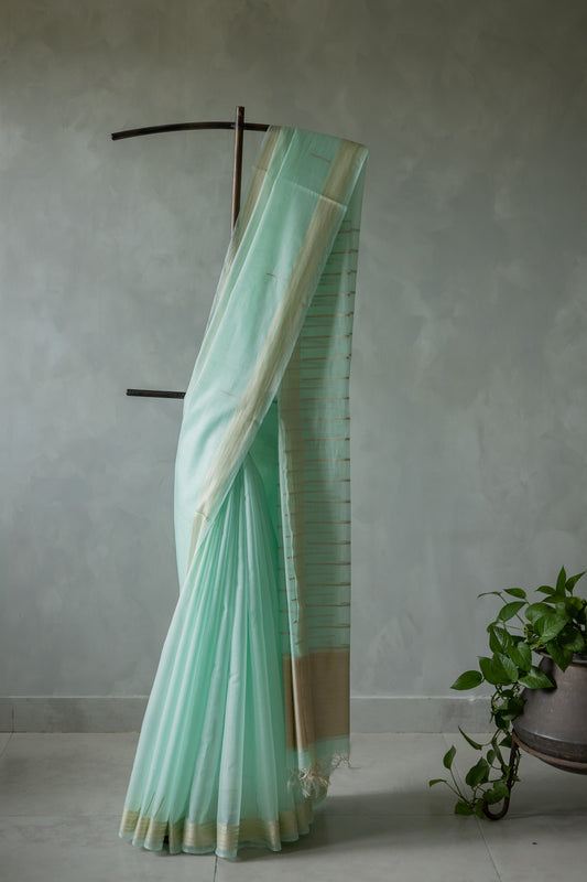 Sea Green Silk Cotton Doby Border with Khapa Line Pallu Saree