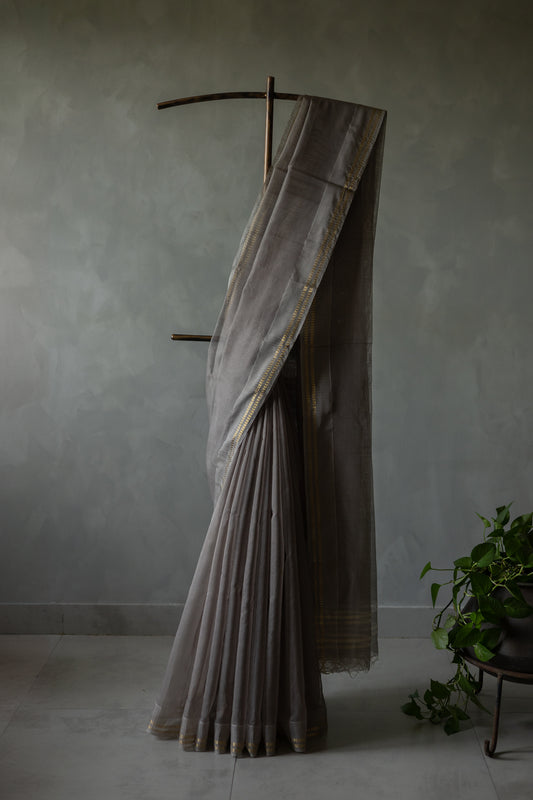 Grey Silk Cotton with Barcode Zari Border Saree