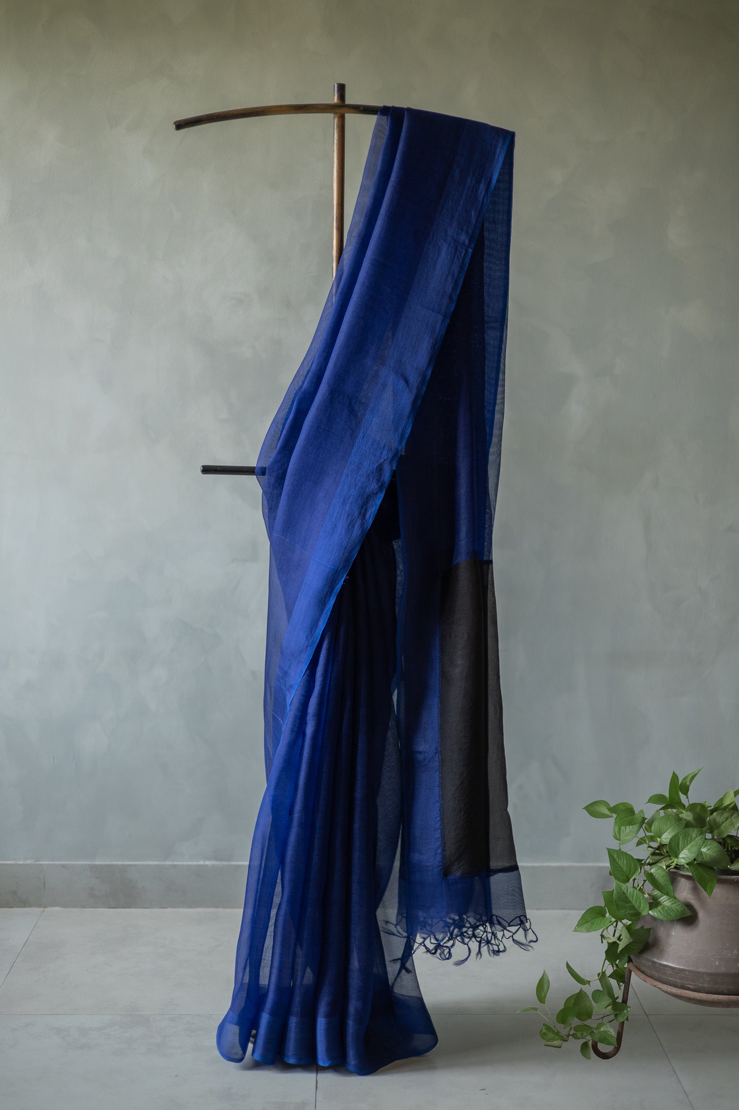 Dark Blue Leno Cotton with Black Organza Pallu Saree