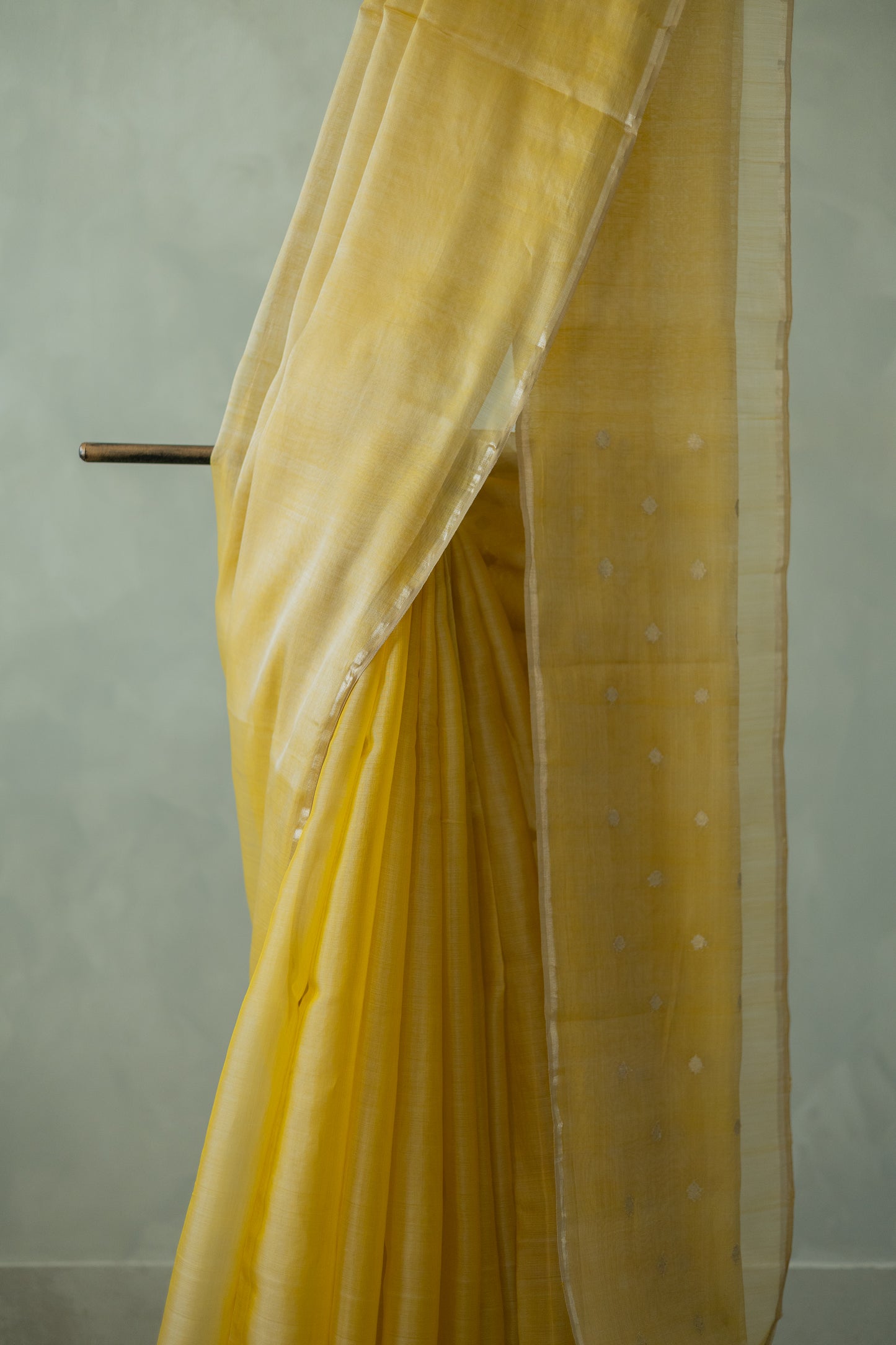 Mustard Yellow Silk Cotton Plain Body with Silver Motif Saree