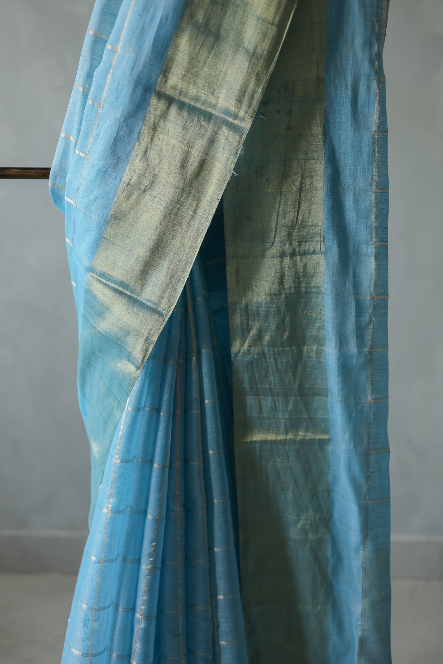 Sky Blue Tussar Khadi All Over Big Zari Checked with Plain Zari Border Saree