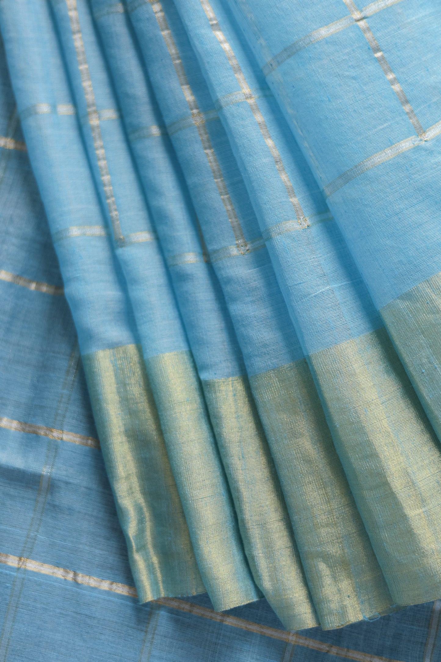 Sky Blue Tussar Khadi All Over Big Zari Checked with Plain Zari Border Saree