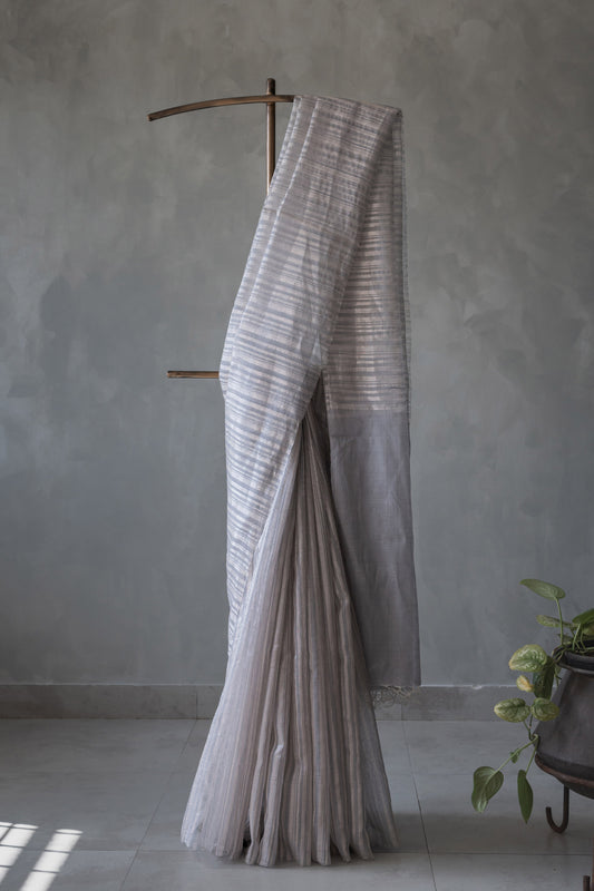 Grey Silk Cotton with All Over Stripes & Plain Pallu Saree