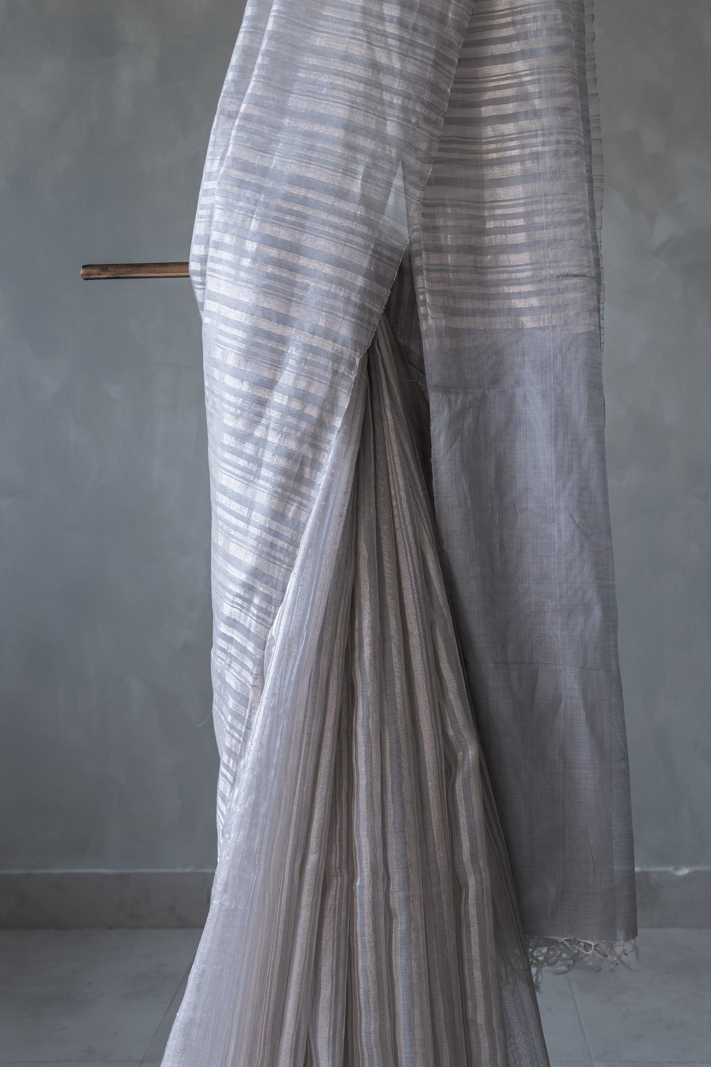 Grey Silk Cotton with All Over Stripes & Plain Pallu Saree