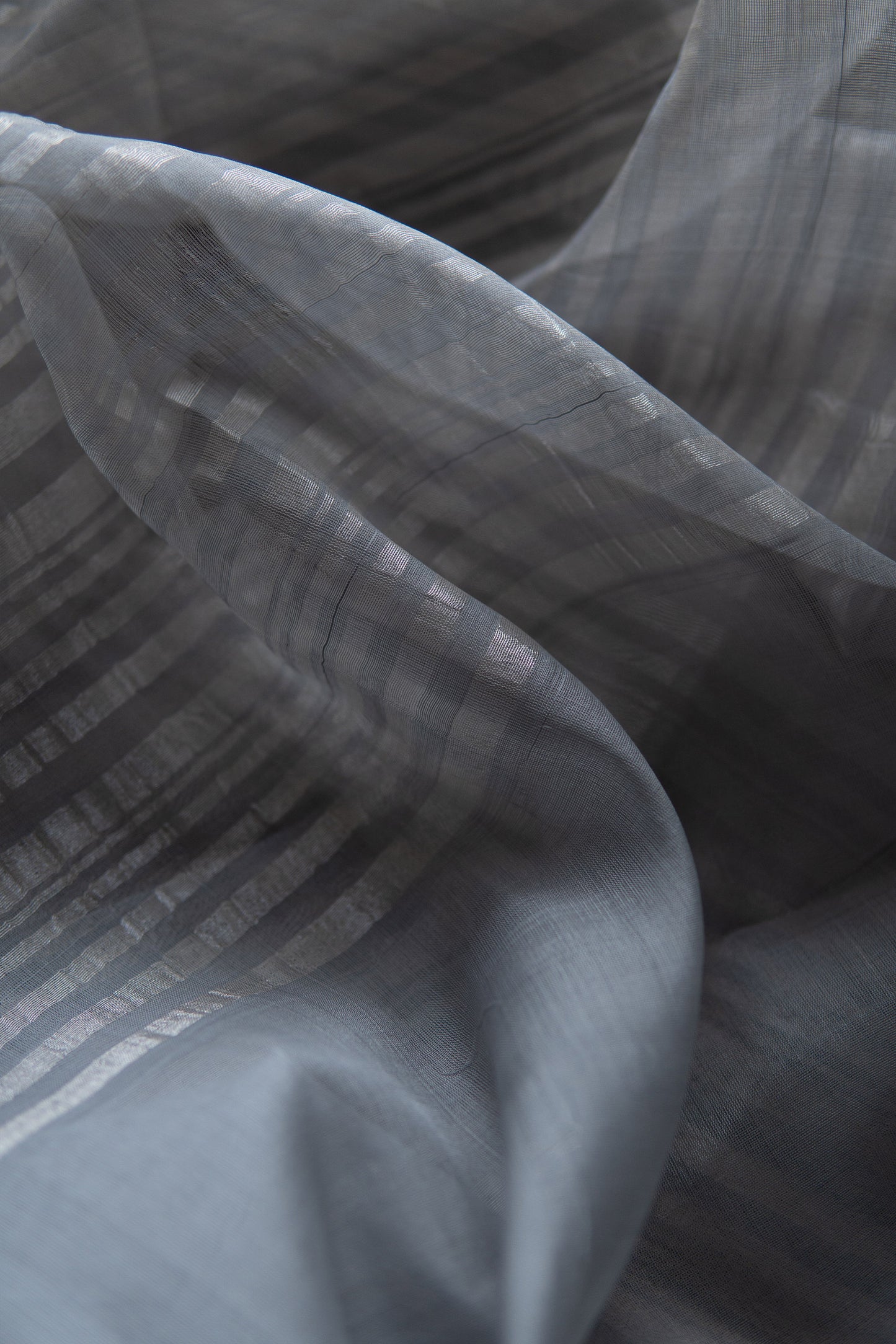 Grey Silk Cotton with All Over Stripes & Plain Pallu Saree