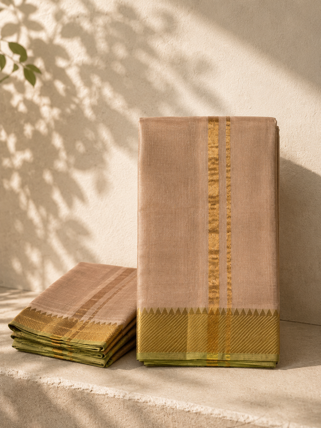 Natural Beige Mangalagiri Silk Cotton Veshti Set with Olive Green Zari Border